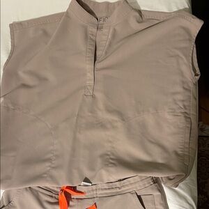 Figs Women's Taupe Blouse with Bright Orange Accent